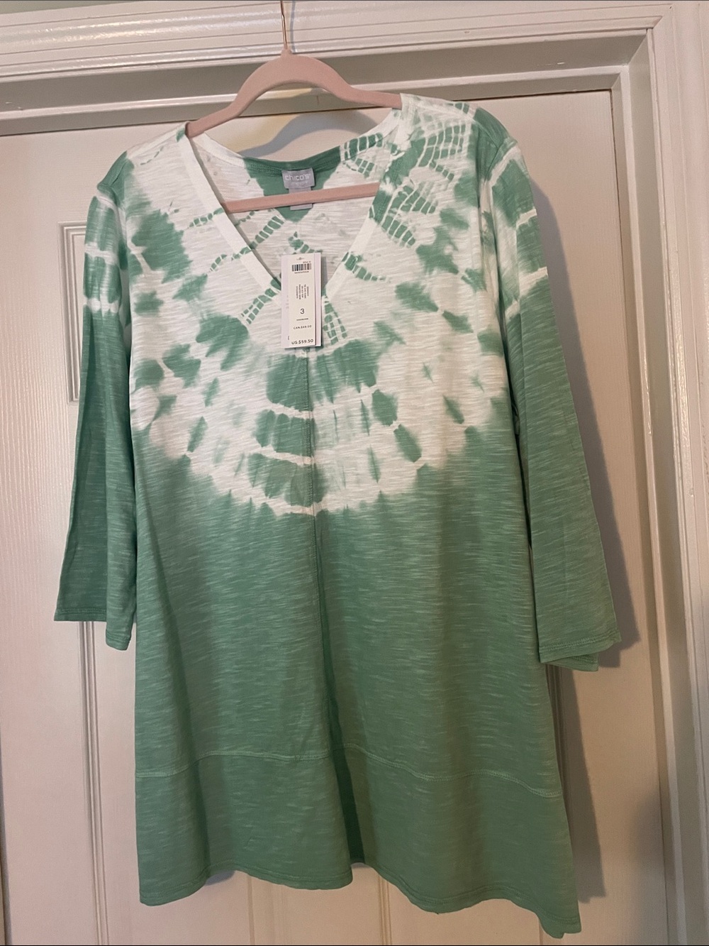 NWT Chico’s Zenergy Tie Dye Tunic 3/4 Sleeve Top in Frosted Jade - Size 3 (XL)